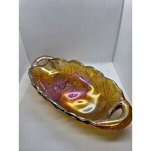 Vintage Marigold Carnival Glass Sunflower Relish Dish Set of 2 Iridescent Amber